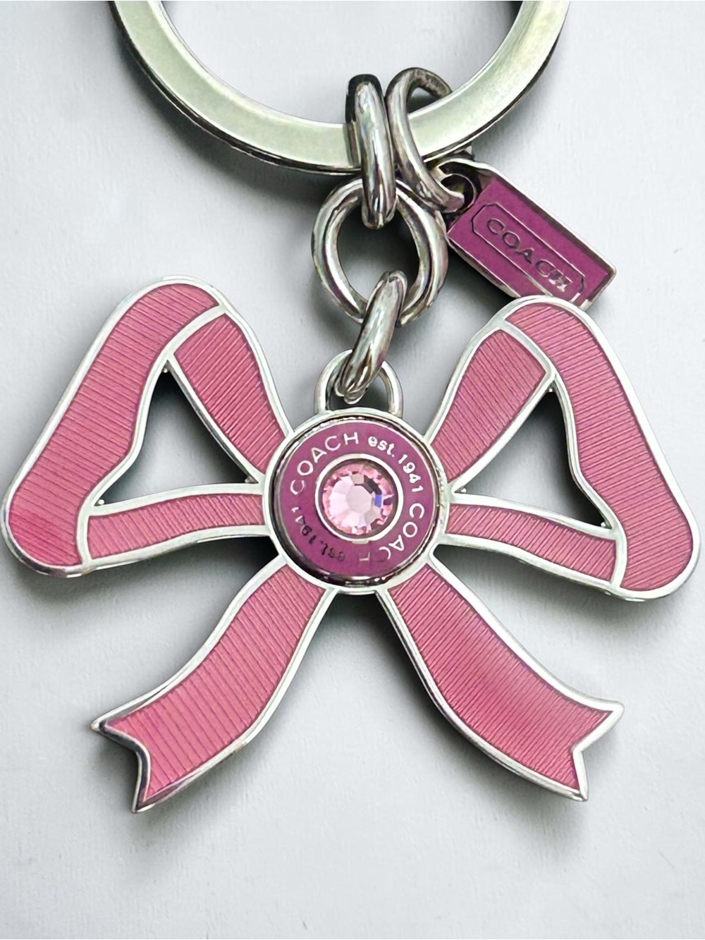 COACH Enameled Ribbon w/Pink Crystal Bag Charm Keyring